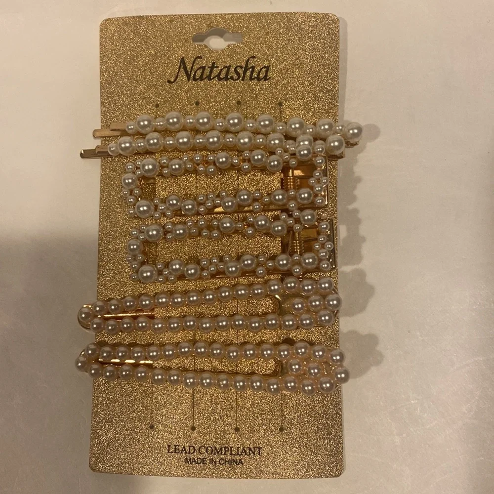NATASHA 6P 3pair Faux Pearl on Gold Tone Hair Clips NWT